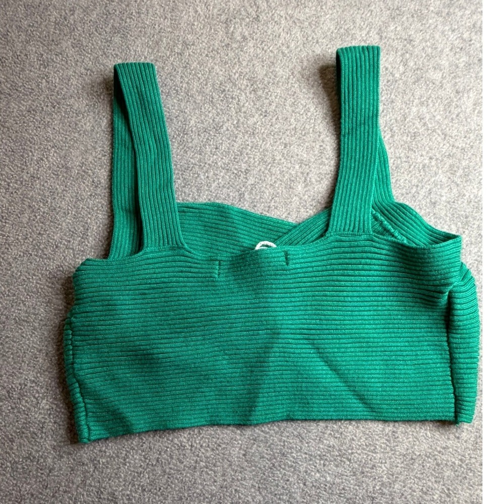 Mango MNG Green Ribbed Knit Crossover Wrap Crop Top Sleeveless XS - Picture 2 of 5